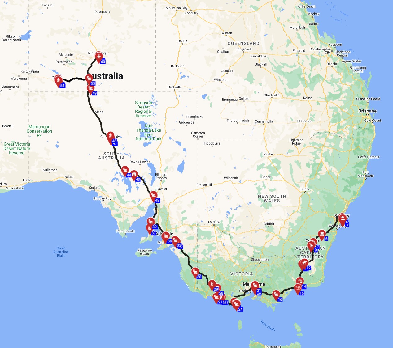 Map for Sydney to Alice Springs - Down Under Odyssey